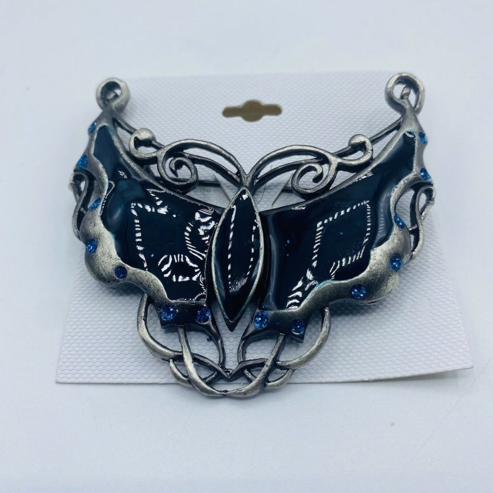 Butterfly Brooch Metal Silver Tone Enamel Dark Blue